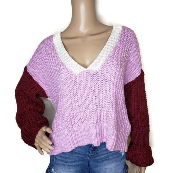 Wildfox NWT Color Me Beverly Chunky Knit Cropped Sweater pink cream red Med - Picture 10 of 12